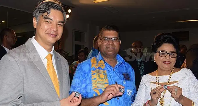 From left-European Union (EU) Ambassador to Pacific, His Excellency Sujiro Seam, Reserve Bank Governor Ariff Ali and Assistant Minister for Women Veena Bhatnagar with the new fifty cent coin following the launching of Fiji's 50 year of Independence commemorative banknote and coin by Reserve Bank of Fiji at Grand Pacific Hotel on October 7, 2020. Photo: Ronald Kumar.