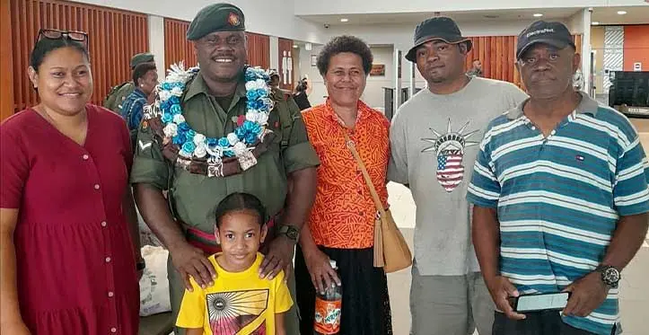 Lance Corporal Manasa Wainiqolo (second from left) with his wife, Esther (left) and daughter Evlogia, mother Miliana Wainiqolo (third from left), Latu Salusalu and father Joji Wainiqolo at the Nadi International Airport.