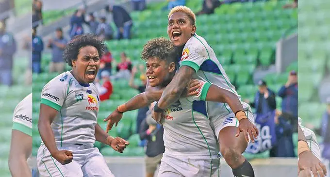 Rooster Chicken Fijiana Drua winger Vitalina Naikore celebrates with centre Roela Radiniyavuni after their win last week