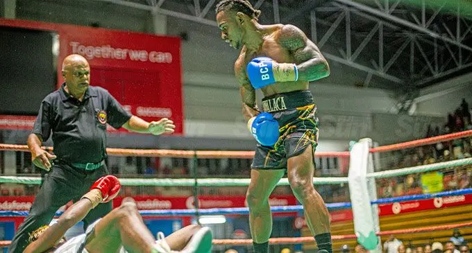 Mikaele Ravalaca Jnr decks Mohammed Ali in the second round of their Fiji lightweight title fight at the Vodafone Arena, Suva on February 22, 2025. Photo: Leon Lord