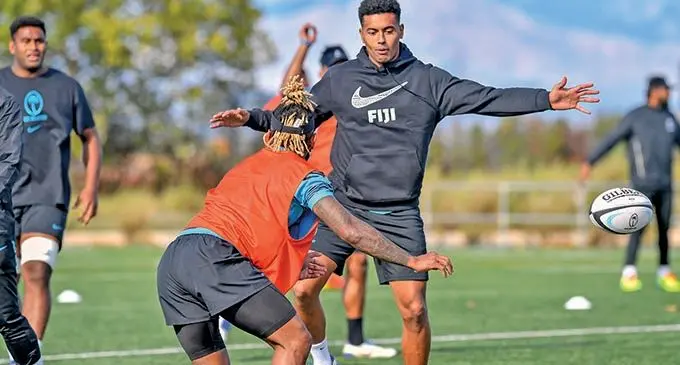 Vodafone Flying Fijians Ben Volavola (facing camera) and Nikola Matawalu are likely to be named in the line-up against Wales next Monday in Cardiff. Photo: Ian Muir