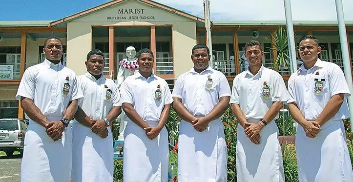 From left: Marist Brothers’ High School boarder head boy Aisea Nawai, deputy head boys Lepani Tauva, Maximillian Kirite, head boy Jesse Veramu and deputy head boys Andrew Sukhu and Jonathan Lord after the induction ceremony on March 14, 2023. Photo: Jone Salusalu