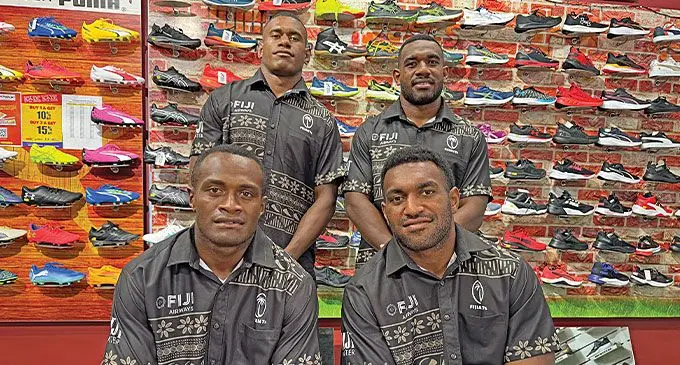 Fiji Airways 7s men’s team from back left: Rupeni Kabu, Jope Tikoilepanoni. Front left: Rauto Vakadranu and Joji Nasova at the Fiji Sports World Suva outlet. Photo: Sereana Salalo
