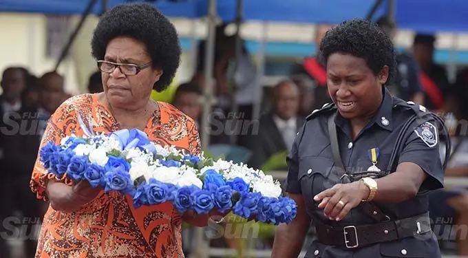 Makareta Koroi while laying the wreath to remeber her late son, Cont. Siuta Niumataiwalu during Police Remembrance Day at Police Special Response Unit on September 29, 2020. Photo: Ronald Kumar.