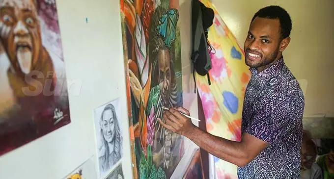 Lino Lionel Colatiniyara with some of his paintings at his Khalsa Road home in Nasinu on January 6, 2021. Photo: Leon Lord