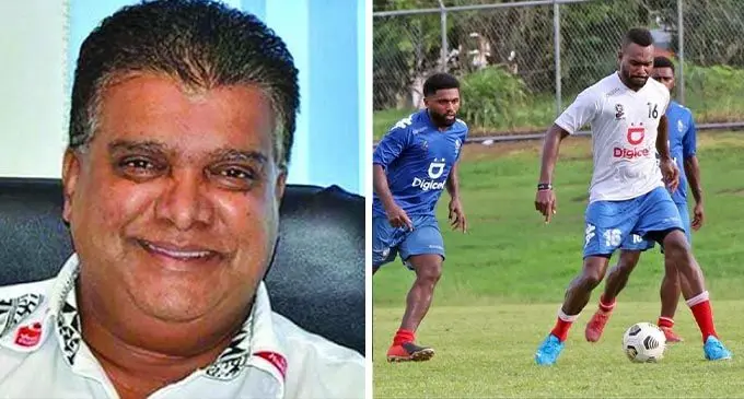 Fiji Football Association Chief Executive Officer, Mohammed Yusuf and the Digicel men’s national squad member, Antionio Tuivuna (right) during the team’s training session at the Fiji FA Academy, Ba on December 15, 2021. Photo: Fiji FA Media