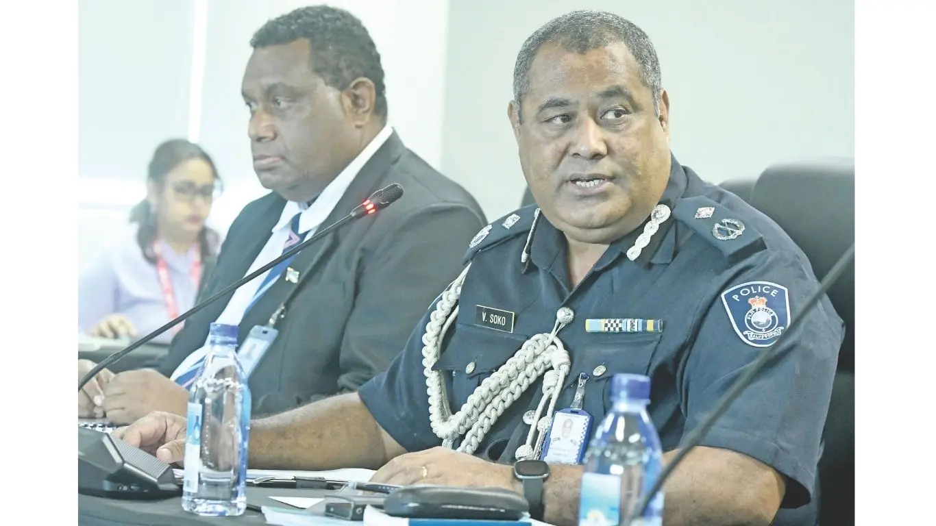 Fiji Police Force senior research officer Koresi Davui (left) and Senior Superintendent of Police Viliame Soko during their submission before the Constitutional Review Committee on April 21, 2026.