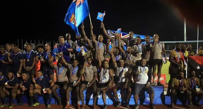 Team Fiji men’s rugby league team on the medal podium during the medal presentation at Apia Park, Samoa on July 9, 2019. Photos: Anasilini Natoga