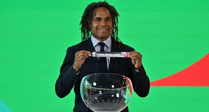 FIFA World Cup winner Christian Karembeu doing the group draws on July 18, 2024. Karembeu hails from New Caledonia but played for France when they won the 1998 FIFA World Cup. Photo: OFC.