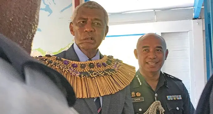 Minister for Home Affairs and Immigration Pio Tikoduadua (left), and Acting Police Commissioner Juki Fong Chew at Naduri Police Community Post opening in Macuata on April 14, 2023. Photo: Shratika Naidu