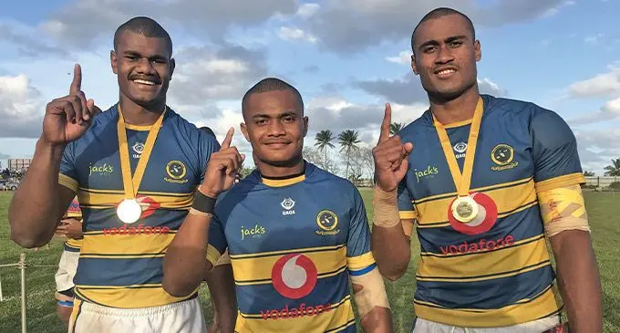 Ratu Kadavulevu School Under-19 players, from left, Mosese Taramecegu, Sulio Loka and Nemani Kurucake at Bidesi Park, Suva, on August 26,2023. Photo: Sereana Salalo