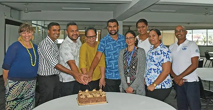 Pacific Community (SPC) and Fiji Meteorological Service team marking the launch of the report. (From L-R) Molly Powers-Tora (SPC), Bipen Prakash (FMS), Terry Atalifo (FMS), Merana Kitione (SPC), Zulfikar Begg (SPC), Nileshni Maharaj (SPC), Arieta Baleisolomone (FMS), Ana Degei (FMS) and Salesh Kumar (SPC). Photo: Fiji Met Service