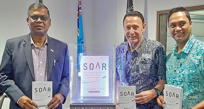 Deputy Prime Minister, Minister for Finance and Strategic Planning, National Development and Statistics, Biman Prasad, Fiji Airways managing director, and chief executive officer, Andre Viljoen, with Shashank Nigam, founder of SimpliFlying during the launch at the Fiji Airways Aviation Academy in Namaka on April 4, 2024. Photo: Waisea Nasokia