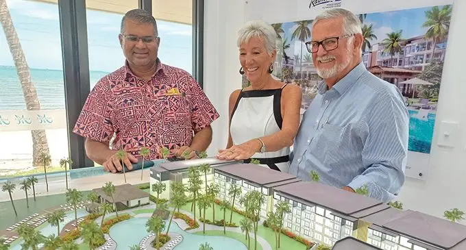 From left: Reserve Bank of Fiji Governor Ariff Ali with Relcorp (Fiji) Ltd general manger Ruth Kippax and managing director Bob Lowres on Naisoso Island on March 6, 2024.  Photo: Charles Chambers