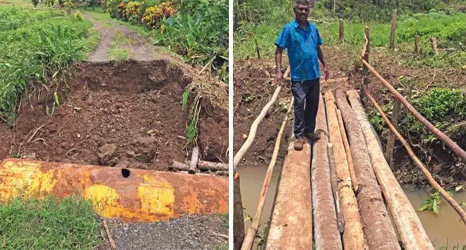 (Left) Bulavou District School access culvert which was damaged and washed away by Cyclone Ana. (Right):Tabia Advisory councillor Brijesh Chand at  Bulavou District School temporary access crossing.