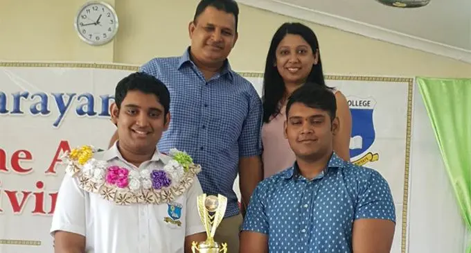 From left: Dux Shivek Shandil, dad Sashi Shandil, mother Seema Shandil and brother Shival Shandil on November 20, 2019, after the prizegiving ceremony.