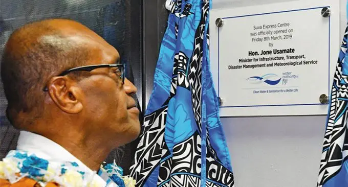 Minister for Infrastructure, Transport, Disaster Management and Meteorological Services Jone Usamate at the opening of the new Water Authority of Fiji (WAF) Suva Express Centre. Photo: DEPTFO News
