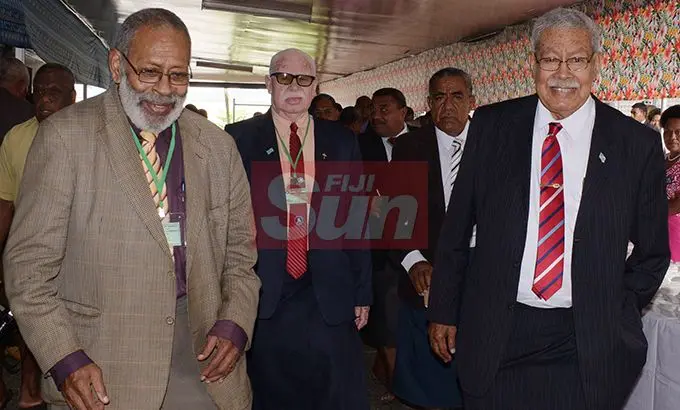 Methodist Church of Fiji and Rotuma Vice President Ratu Peni Volavola (left) with Laisenia Qarase during the Conferece at Centenary Church on August 22, 2019. Photo: Ronald Kumar.