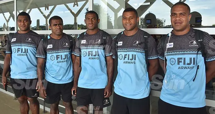 Fiji Airways Fijian Drua reps with Johnny Dyer (right) at the Nadi International Airport on September 27, 2019. Photo: Waisea Nasokia