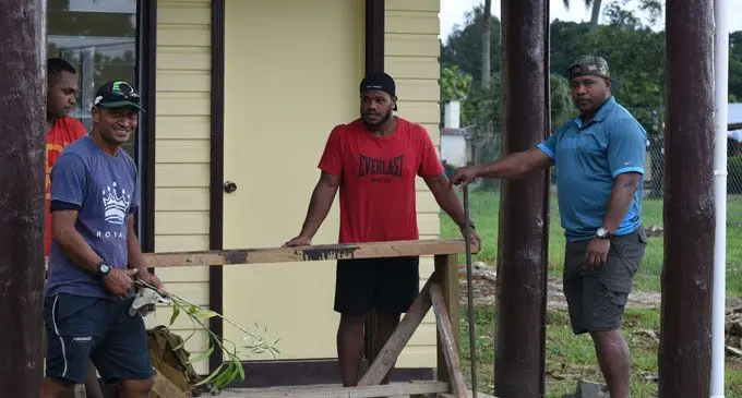 Nabua Rugby Club officials (from left): Club manager Ilai Senivau, Meli Kuruvoli, Ratu Vereniki Ramatai and Tevita Seru take a break from their project at the newly built Nabua Community Hall on February 3, 2018. Photo: Peni Komaisavai