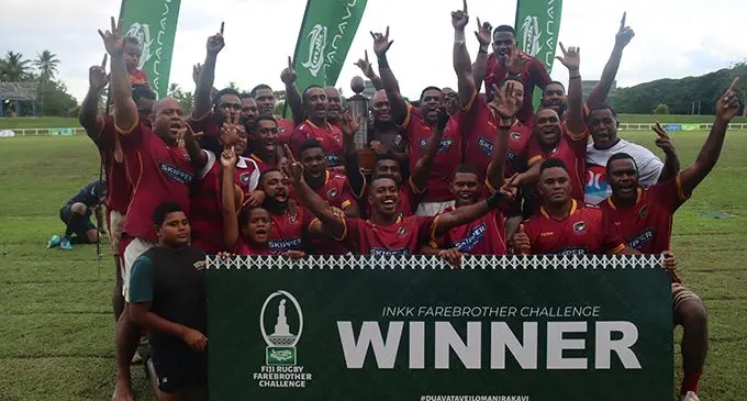 Lautoka rugby players with the INKK Mobile Farebrother Challenge Trophy at Lawaqa Park, Sigatoka, on May 11, 2024. Photo: Waisea Nasokia  
