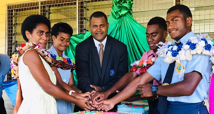 Dawasamu Secondary School head girl Lanieta Sikivanua (front left), head boy Livai Ligai (right) chief guest Senitiki Malo (middle), with the Deputy prefects.