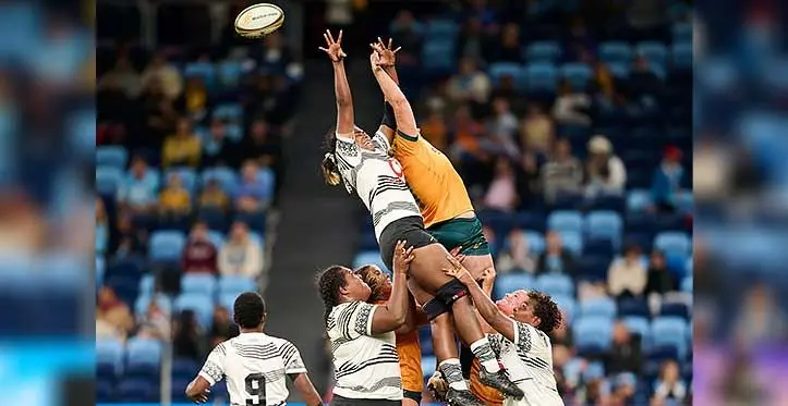 Vodafone Fijiana XVs lock Doreen Narokete contests for a line-out during their Test match against the Wallaroos at Allianz Stadium, Sydney on May 20, 2023. Wallaroos won 22-5. Photo: Wallaroos Media