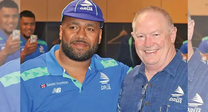 Swire Shipping Fijian Drua cap #38 Jone Tiko (left) with Drua chief executive officer Brian Thorburn before his debut against Brumbies at Suncorp Stadium in Brisbane, Australia, on April 9, 2022. Photo: Fijian Drua