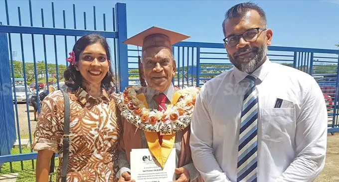 Dr Neil Sharma (middle) with his daughter Nashika Sharma and Son Navneel Sharma at the Vodafone Arena in Suva on October 6, 2022. Photo: Viliame Tawanakoro