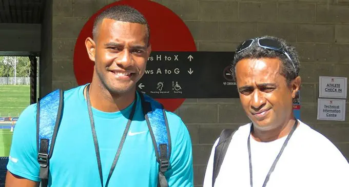 Pacific sprint king Banuve Tabakaucoro with trainer Bola Tafo’ou. Tabakaucoro will be out to defend the 100m and 200m titles at the Pacific Games in Apia, Samoa, next month. Photo: Athletics Fiji