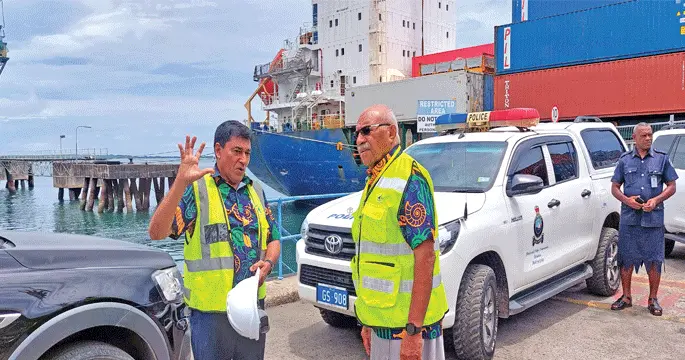 Fiji Ports Corporation Limited chief executive officer Vajira Piyasena with Prime Minister Sitiveni Rabuka during a tour of the Lautoka Port on February 23, 2024. Photo: Salote Qalubau