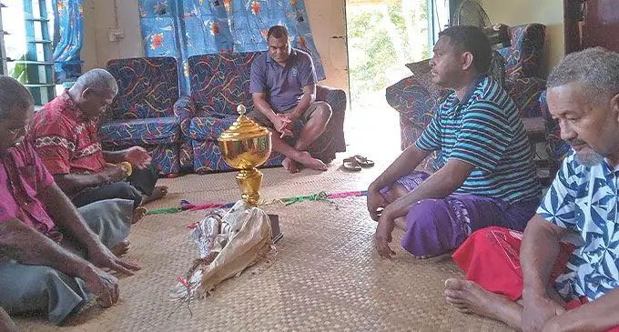 The traditional i-tatau ceremony is accorded to the Turaga Na Ka Levu, Ratu Tevita Makutu, by the elders of the Kadavu women rugby team on May 21, 2024. The Kadavu women’s rugby team stayed at Sila Village for 16 weeks and won the Royal Tea Ranadi Cup. Photo: Supplied