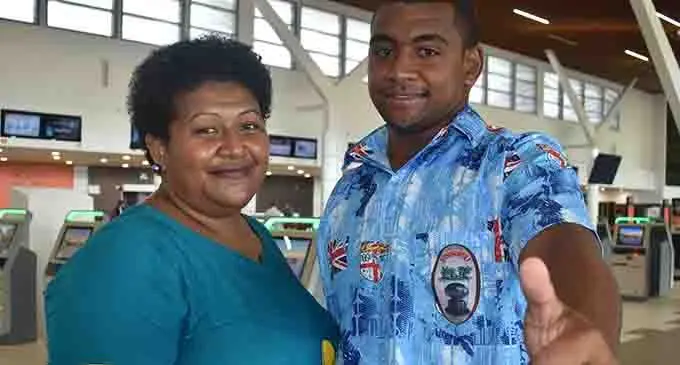 Ravunivadra Uluilakeba(right) with his mother Melea Musuka at the Nadi International Airport on February 21, 2019. Photo: Waisea Nasokia