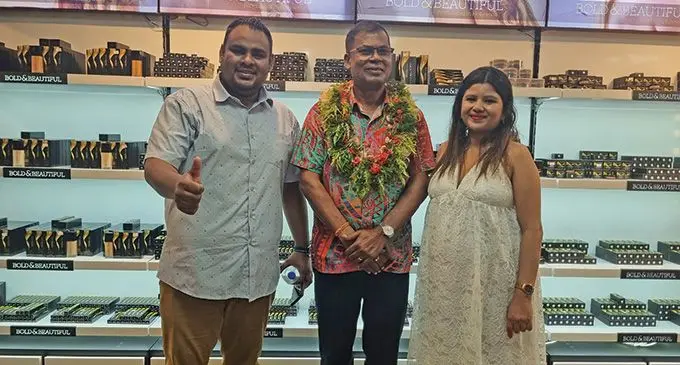 Minister for Finance, Biman Prasad (middle) with Bold and Beautiful directors Shanal Shivan (left) and Shireen Shivan during the opening of the beauty shop at Sports City Complex, Suva. Photo: Laiseana Nasiga