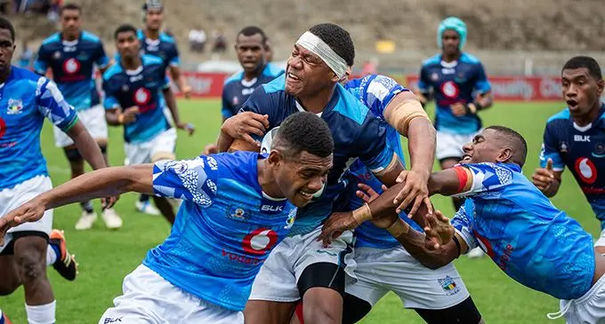 Ba Provincial Free Bird Institute rugby Under-18 second five eight Akuila Qoro takes on the Nasinu Secondary School players during the Vodafone Deans Trophy national quarterfinals at the HFC Bank Stadium on September 24, 2022. Photo: Leon Lord