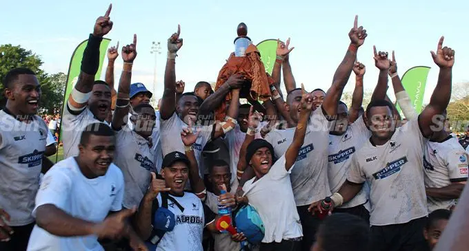 Nadroga players and officials with the INKK Fiji Rugby Farebrother Trophy at Prince Charles Park, Nadi, today. Photo: Waisea Nasokia