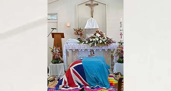 The casket of the late Ratu Alifereti Ulukalala Baleisasa Finau Mara at Stella Maris Convent Chapel in Nasese on April 24, 2020.