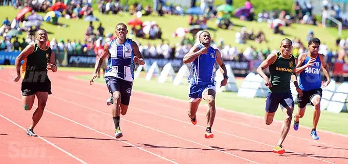 Joshua Daudrauvuni (fourth from left) of RSMS won the 100meters senior boys final at ANZ Stadium on March 17, 2021.  Photo: Ronald Kumar.