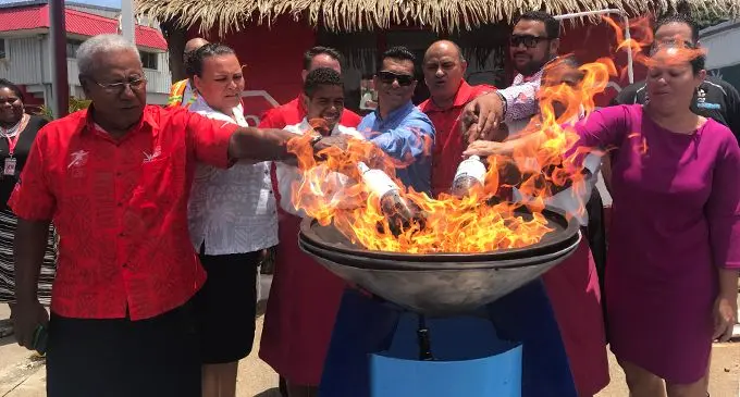 From left: Fiji Secondary Schools athletics secretary Vuli Waqa, Fiji Gas Ltd sales and marketing manager Vanessa Kilner, Liviana Kula, Pacific Energy National Retail Manager Amit Maharaj, Fiji Secondary Schools athletics president Marika Uluinaceva, FIJI Water Director Stakeholder Relations Geoffrey Smith, Vani Loloma and Digicel Fiji Head of Consumer Sales  Charlotte Taylor during the Powerade Torch relay launch in Suva  on February  25,2019. Photo: Anasilini Natoga