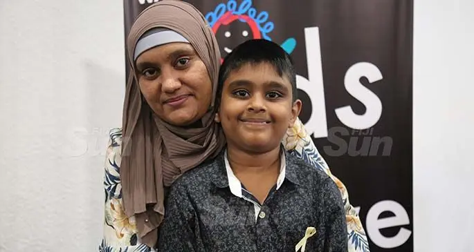Nazia Ali with her cancer survivor son Hazrat Shihaab Ali during the launch of the Child Cancer month at Tanoa Plaza Hotel in Suva on July 25 2020. Photo Wati Talebula 