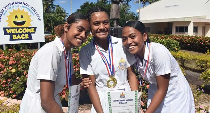 From left: Swami Vivekananda College athletes Emma Raralevu, Salanieta Viriviri and Kitiana Kikau in Nadi. Photo: Waisea Nasokia