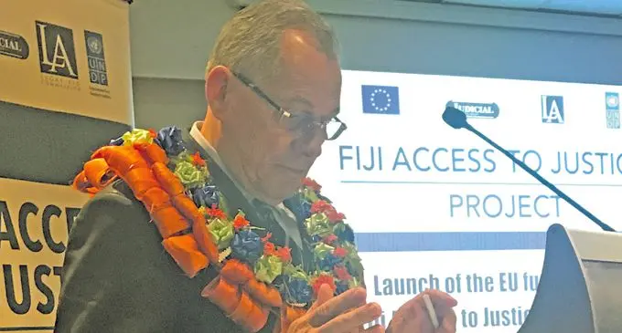 Chief Justice Anthony Gates at the launching of the European Union-funded United Nations Development Programme (UNDP) event “Fiji Access to Justice Project” at Holiday Inn in Suva on March 1, 2018. Photo: Nacanieli Tuilevuka