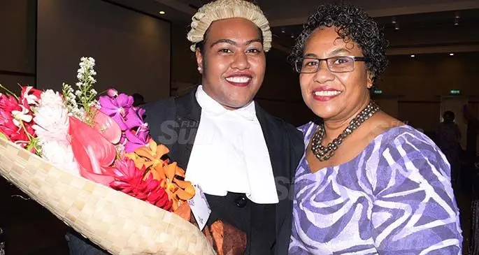 Amele Adikula Waqairawai (left) with her mother, Kiti Waqairawai following her admission to the Bar at the Grand Pacific Hotel on March 12, 2021. Photo: Ronald Kumar