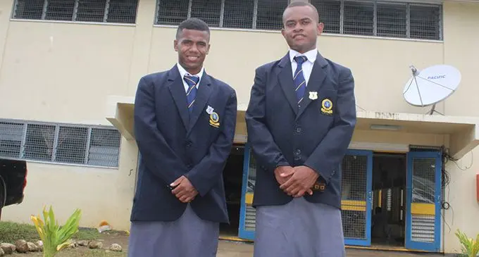 From left: Ratu Kadavulevu School deputy head boy Poasa Vunaki and head boy Ratu Nalewavada Nasigadrodro outside the school hall in Lodoni, Tailevu, on February 3, 2019.   Photo: Simione Haravanua