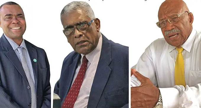 L-R: Mosese Bulitavu, Ratu Naiqama Lalabalavu and the Opposition Leader Sitiveni Rabuka.