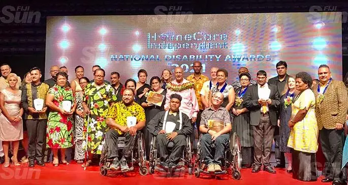 Speaker of Parliament Ratu Epeli Nailatikau (with garland), Government Ministers, Members of the diplomatic corps with sponsors and award recipients of the 2021 HomeCare Independent National Disability Awards at the National Gymnasium on March 27, 2021. Photo: Inoke Rabonu