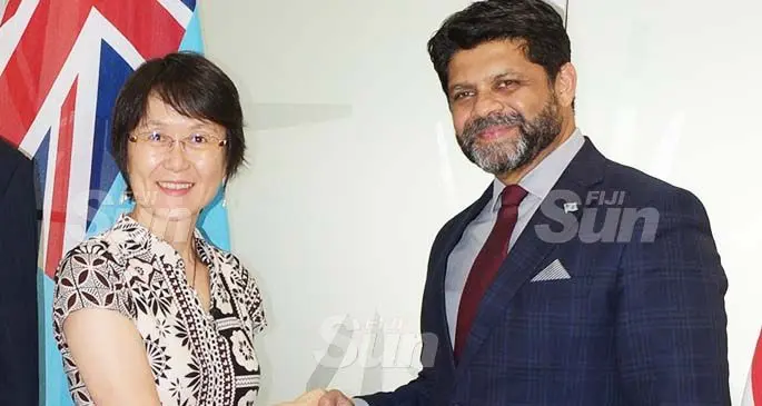 JICA Fiji Resident Representative Yukari Ono with    Attorney-General and Minister for Economy Aiyaz Sayed-Khaiyum following the signing of JICA Standby Loan Agreement to Fiji on February 21, 2020. Photo: Ronald Kumar.