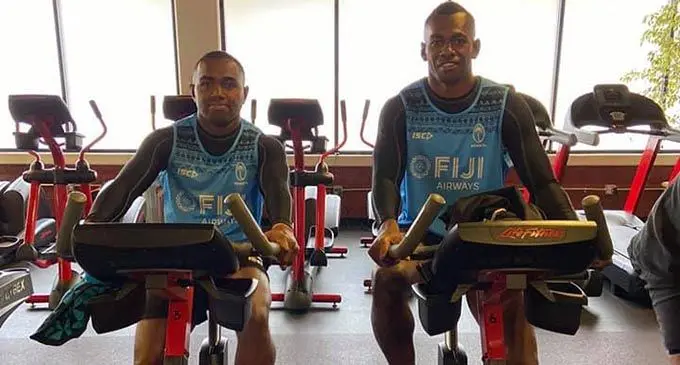 From left: Fiji Airways Fijian 7s playmaker Waisea Nacuqu and utility player Sevuloni Mocenacagi during  training at the Power House Gym in Los Angeles on February 24, 2020. Photo: FRU Media