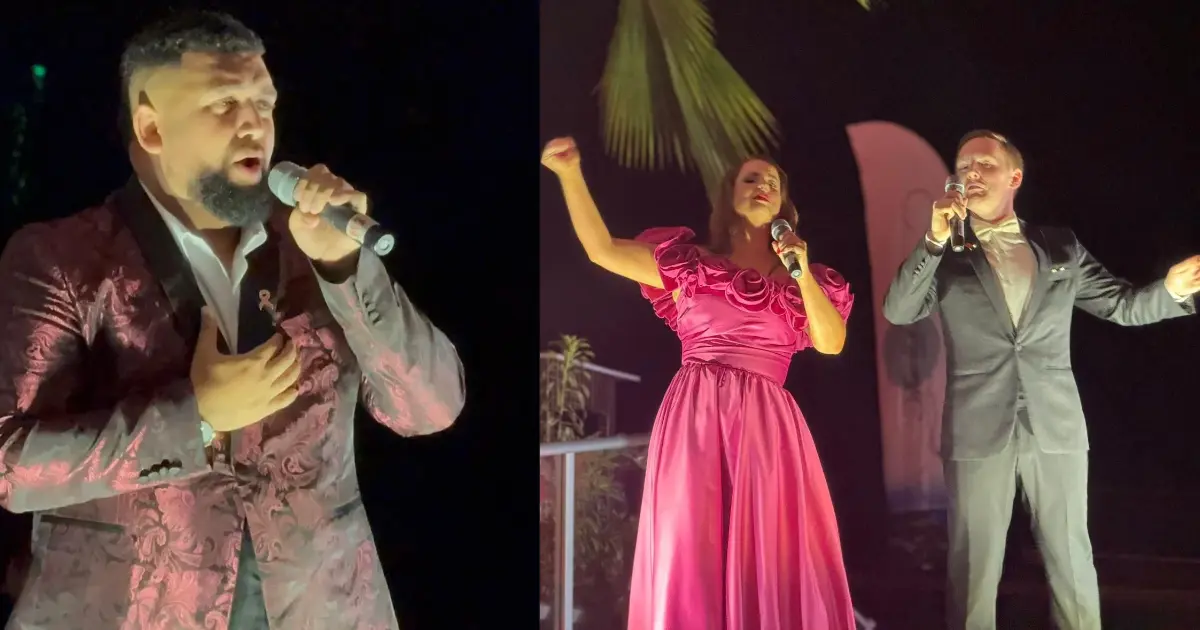 Photo: Joseph Balolo.Fiji’s Justin Hicks, popularly known as the Fijian Tenor, performs alongside Australian opera singers soprano Emma Nightingale and tenor Liam Jackson during the opening of the Opera Under the Stars Gala at The Pearl Resort & Spa in Pacific Harbour on Saturday.  PHOTO: Joseph Balolo