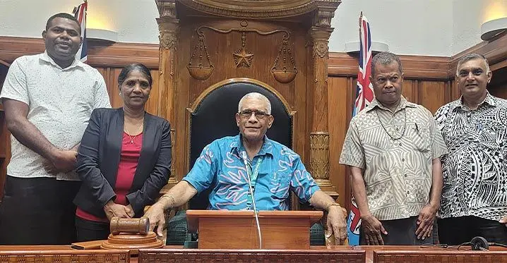Speaker of Parliament, Ratu Naiqama Lalabalavu with the team who will be interpreting/translating for Members in the Chamber. Members of Parliament can speak in Vosa Vaka Viti or Hindustani and translations can be heard in the audio system in the Chamber. From left: Anasa Tawake, Nilam Kumar, Speaker Ratu Naiqama Lalabalavu, Simione Sevudredre and Virendra Lal. Photo: Parliament of Fiji